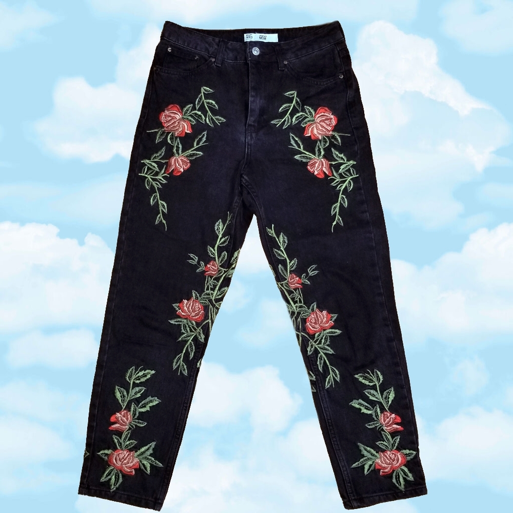 Topshop Embroidered Rose Mom Jeans